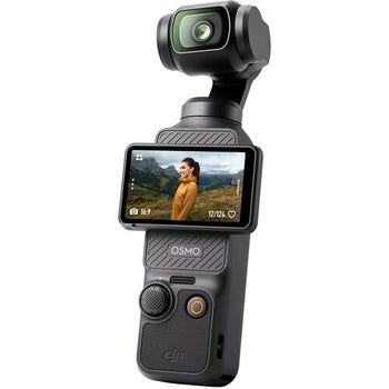 DJI Osmo Pocket 3 handheld gimbal camera with screen showing a woman in a mountain landscape