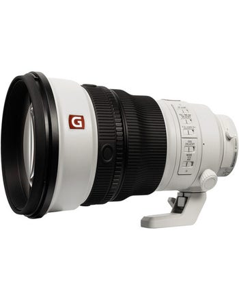 Sony FE 300mm f/2.8 OSS GM telephoto lens angled view with tripod collar and control switches