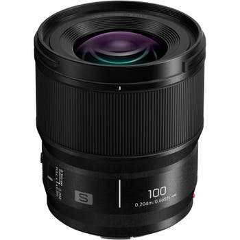 Panasonic Lumix S 100mm f/2.8 Macro Lens standing upright, showing front glass and focus ring