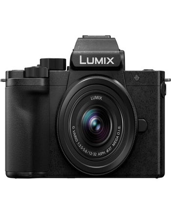 Panasonic Lumix G100D mirrorless camera front view with 12-32mm lens attached