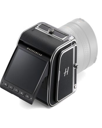 Hasselblad 907X & CFV 100C medium format camera with tilted rear touch display attached to lens
