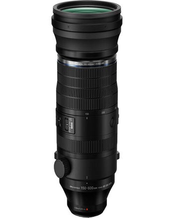 Front view of OM System M.Zuiko Digital ED 150-600mm f/5-6.3 IS zoom lens standing upright