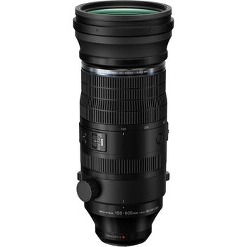 Front view of OM System M.Zuiko Digital ED 150-600mm f/5-6.3 IS zoom lens standing upright