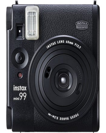 Front view of Fujifilm Instax Mini 99 instant film camera in matte black with 60mm lens and flash