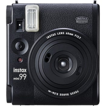 Front view of Fujifilm Instax Mini 99 instant film camera in matte black with 60mm lens and flash