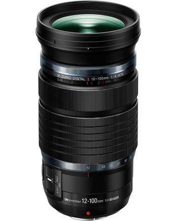 Front angled view of OM System M.Zuiko Digital ED 12-100mm f/4.0 IS PRO zoom lens