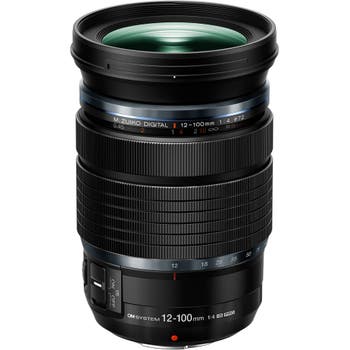Front angled view of OM System M.Zuiko Digital ED 12-100mm f/4.0 IS PRO zoom lens
