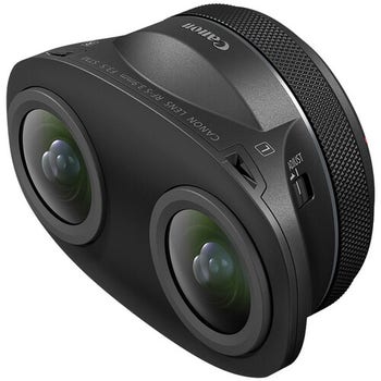 Canon RF-S 3.9mm f/3.5 STM Dual Fisheye VR Lens angled view showing twin front elements