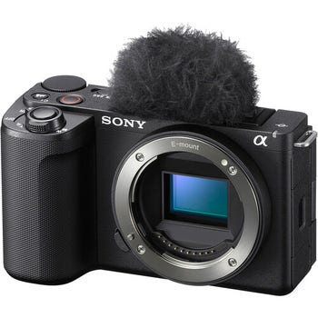 Sony ZV-E10 Mark II black mirrorless camera body only, front angle with exposed E-mount sensor and windscreen on mic.
