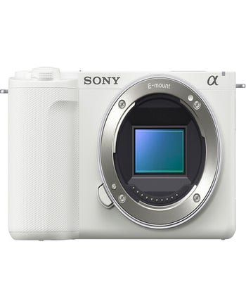 Front view of Sony ZV-E10 II mirrorless camera body in white with E-mount and sensor visible