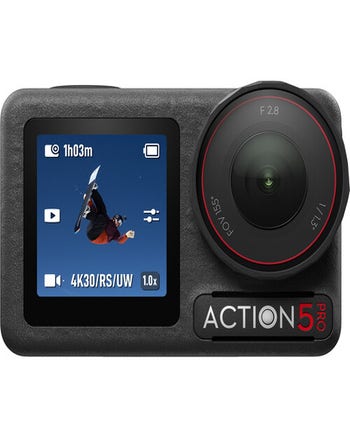 DJI Osmo Action 5 Pro front view with lens and active front OLED touchscreen