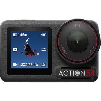 DJI Osmo Action 5 Pro front view with lens and active front OLED touchscreen
