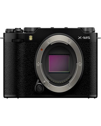 Front view of Fujifilm X-M5 mirrorless camera body only in black, showing APS-C sensor and lens mount