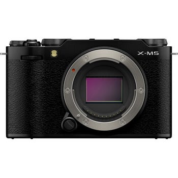 Front view of Fujifilm X-M5 mirrorless camera body only in black, showing APS-C sensor and lens mount