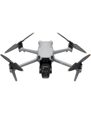 DJI Air 3S drone front view in flight position with camera gimbal and four extended propeller arms