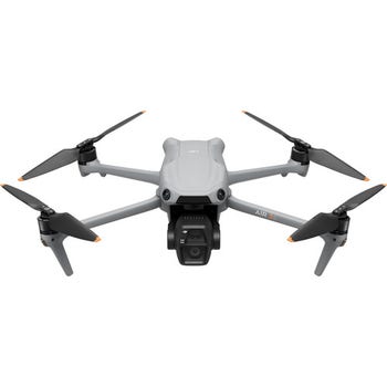 DJI Air 3S drone front view in flight position with camera gimbal and four extended propeller arms