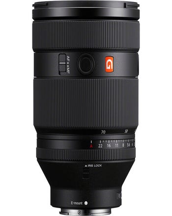 Sony FE 28-70mm f/2 GM E-mount lens, front side showing AF/MF switch and G Master logo