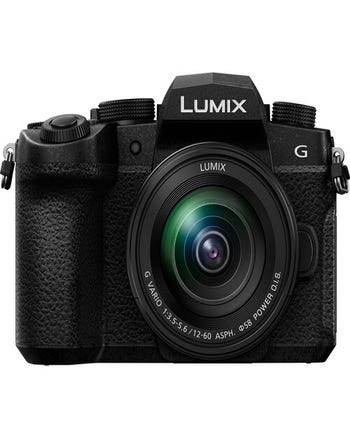 Panasonic Lumix G97 mirrorless camera front view with 12-60mm Lumix G Vario zoom lens attached