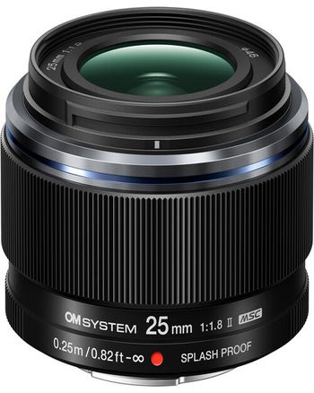 OM System M.Zuiko Digital 25mm f/1.8 II lens front angled view with splash proof marking