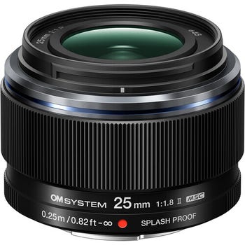 OM System M.Zuiko Digital 25mm f/1.8 II lens front angled view with splash proof marking