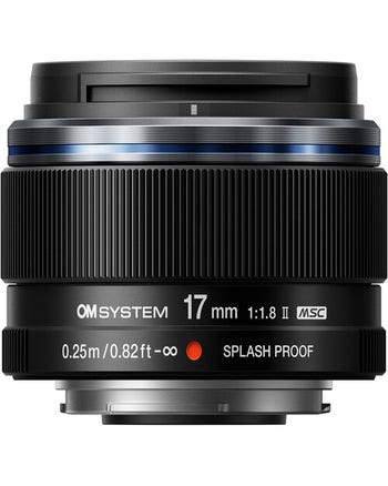 Front view of OM System M.Zuiko Digital 17mm f/1.8 II Lens showing splash proof markings