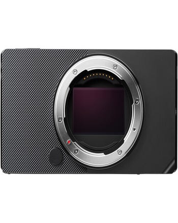 Front view of black Sigma BF mirrorless camera body showing full-frame sensor and textured grip