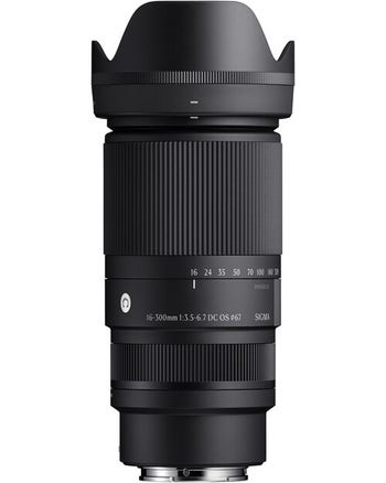 Sigma 16-300mm f/3.5-6.7 DC OS Contemporary zoom lens for Canon RF with hood attached, front view