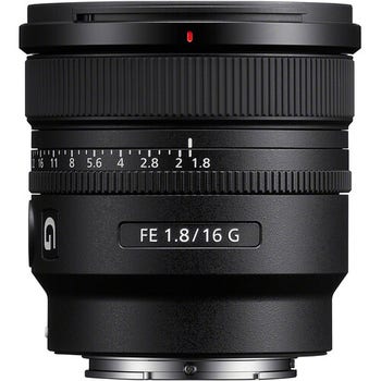 Front view of Sony FE 16mm f/1.8 G ultra-wide prime lens showing aperture ring and focus ring