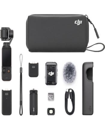 DJI Osmo Pocket 3 Creator Combo with camera, case, mic, tripod, cables and accessories laid out.
