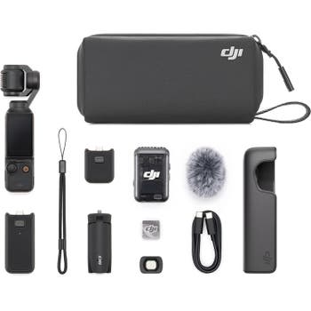 DJI Osmo Pocket 3 Creator Combo with camera, case, mic, tripod, cables and accessories laid out.
