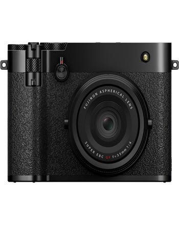 Front view of Fujifilm GFX100RF fixed-lens digital camera in black with 35mm F4 lens