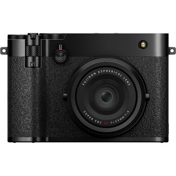 Front view of Fujifilm GFX100RF fixed-lens digital camera in black with 35mm F4 lens