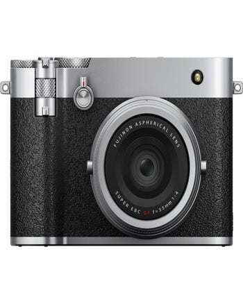 Front view of Fujifilm GFX100RF fixed-lens digital camera in silver with 35mm F4 lens