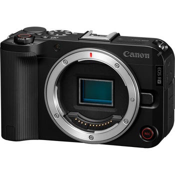 Canon EOS R50 V camera body only front view showing RF mount, APS-C sensor, grip and REC button