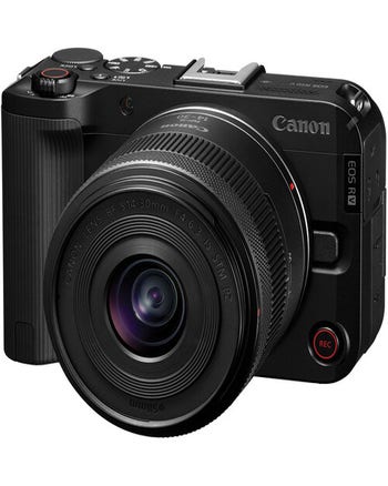 Canon EOS R50 V mirrorless camera front view with RF-S 14-30mm f/4-6.3 zoom lens attached