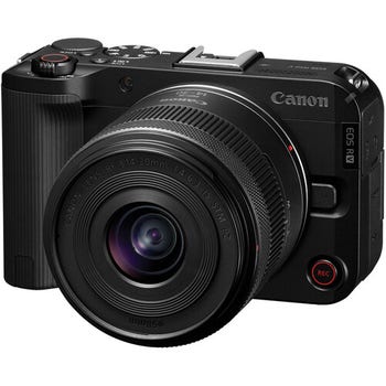 Canon EOS R50 V mirrorless camera front view with RF-S 14-30mm f/4-6.3 zoom lens attached