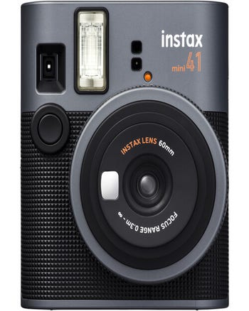 Front view of Fujifilm Instax Mini 41 black instant film camera with 60mm lens and built-in flash