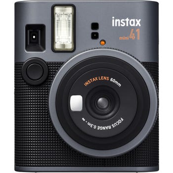 Front view of Fujifilm Instax Mini 41 black instant film camera with 60mm lens and built-in flash