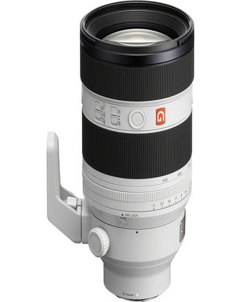 Sony FE 50-150mm f/2 GM telephoto zoom lens in light grey with tripod collar, front view