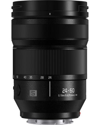 Front view of Panasonic Lumix S 24-60mm f/2.8 zoom lens showing focal length markings and metal mount
