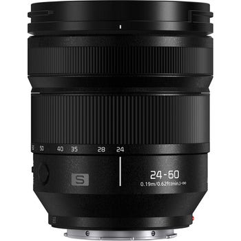 Front view of Panasonic Lumix S 24-60mm f/2.8 zoom lens showing focal length markings and metal mount