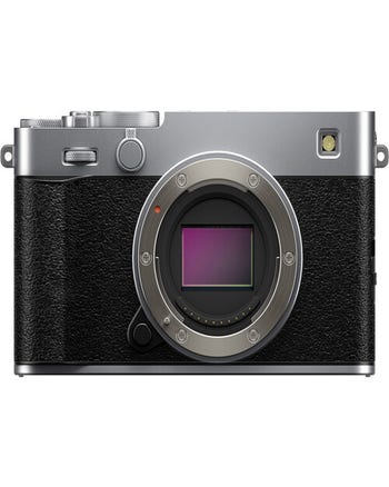 Front view of Fujifilm X-E5 mirrorless camera body in silver, showing exposed APS-C sensor and lens mount.