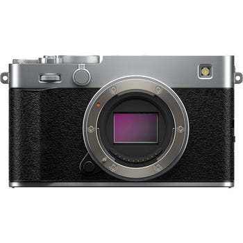 Front view of Fujifilm X-E5 mirrorless camera body in silver, showing exposed APS-C sensor and lens mount.