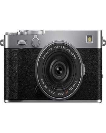 Front view of silver Fujifilm X-E5 mirrorless camera with XF 23mm f/2.8 lens attached