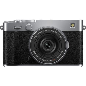 Front view of silver Fujifilm X-E5 mirrorless camera with XF 23mm f/2.8 lens attached