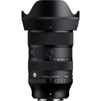 Sigma 17-40mm f/1.8 DC Art Lens for X Mount, front view with hood and aperture ring visible