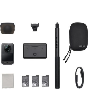 DJI Osmo 360 Adventure Combo kit with camera, batteries, handle, case, cable and accessories