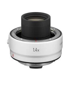 Canon RF 1.4x Extender teleconverter shown from an angled top view on white background