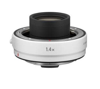 Canon RF 1.4x Extender teleconverter shown from an angled top view on white background