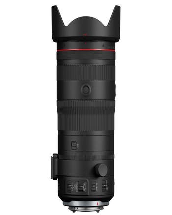 Canon RF 24-105mm f/2.8 L IS USM Z lens with hood, showing zoom rings and control switches, front view